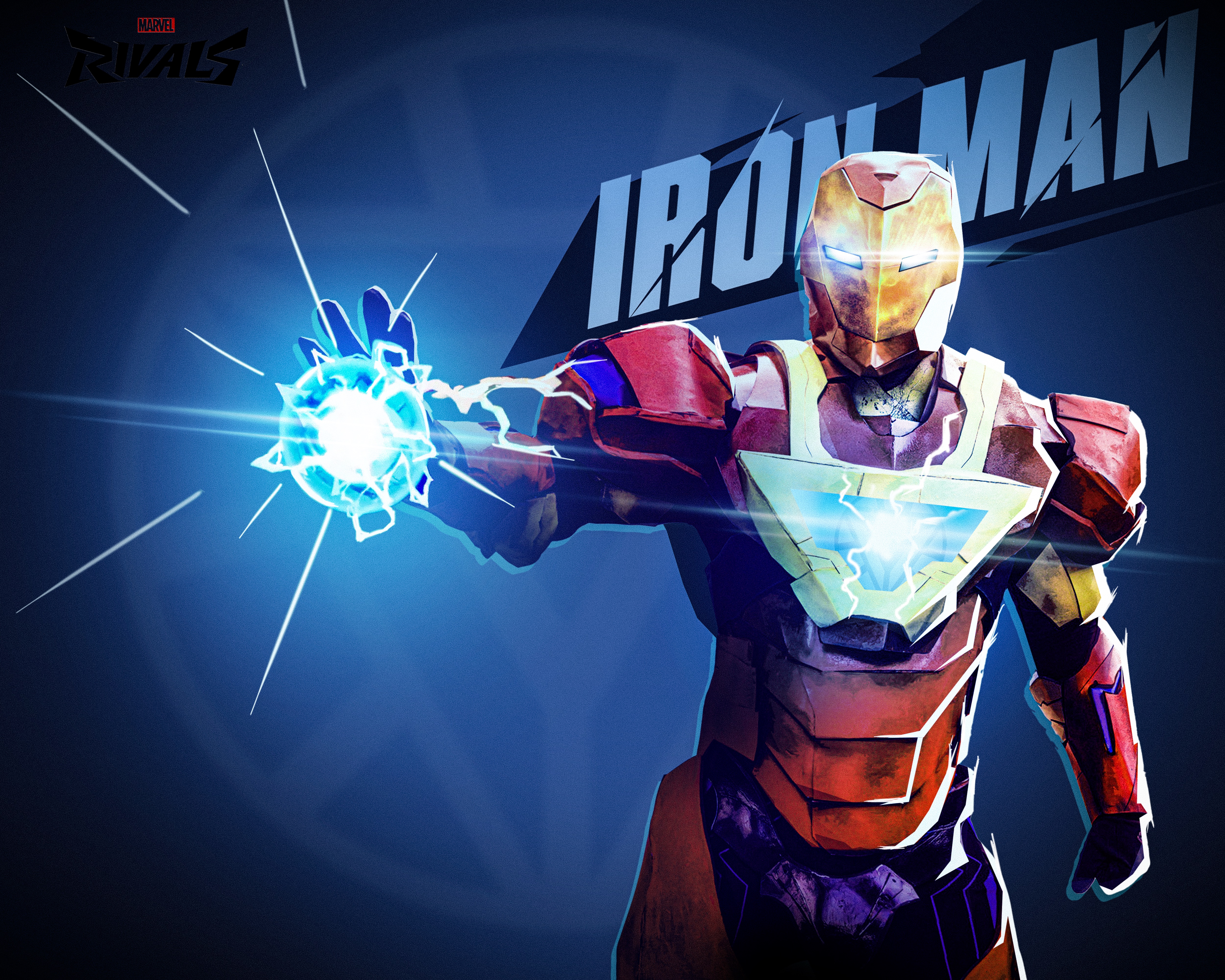 Iron Man in Marvel Rivals game art style with repulsor blast