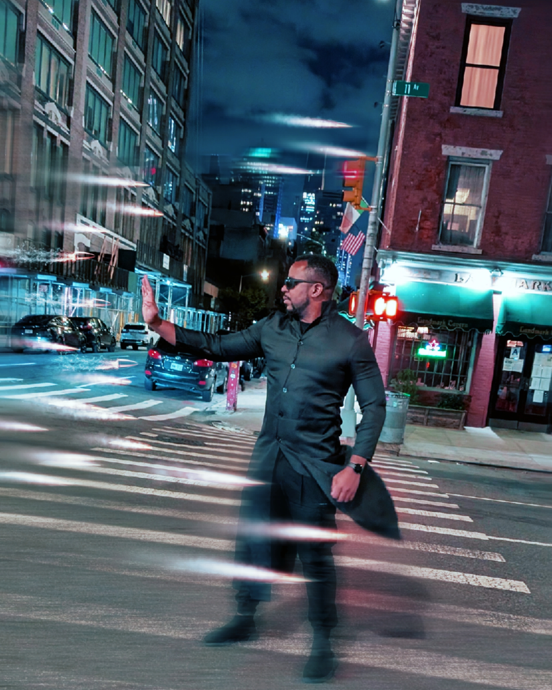 Neo from The Matrix stopping bullets in NYC night setting