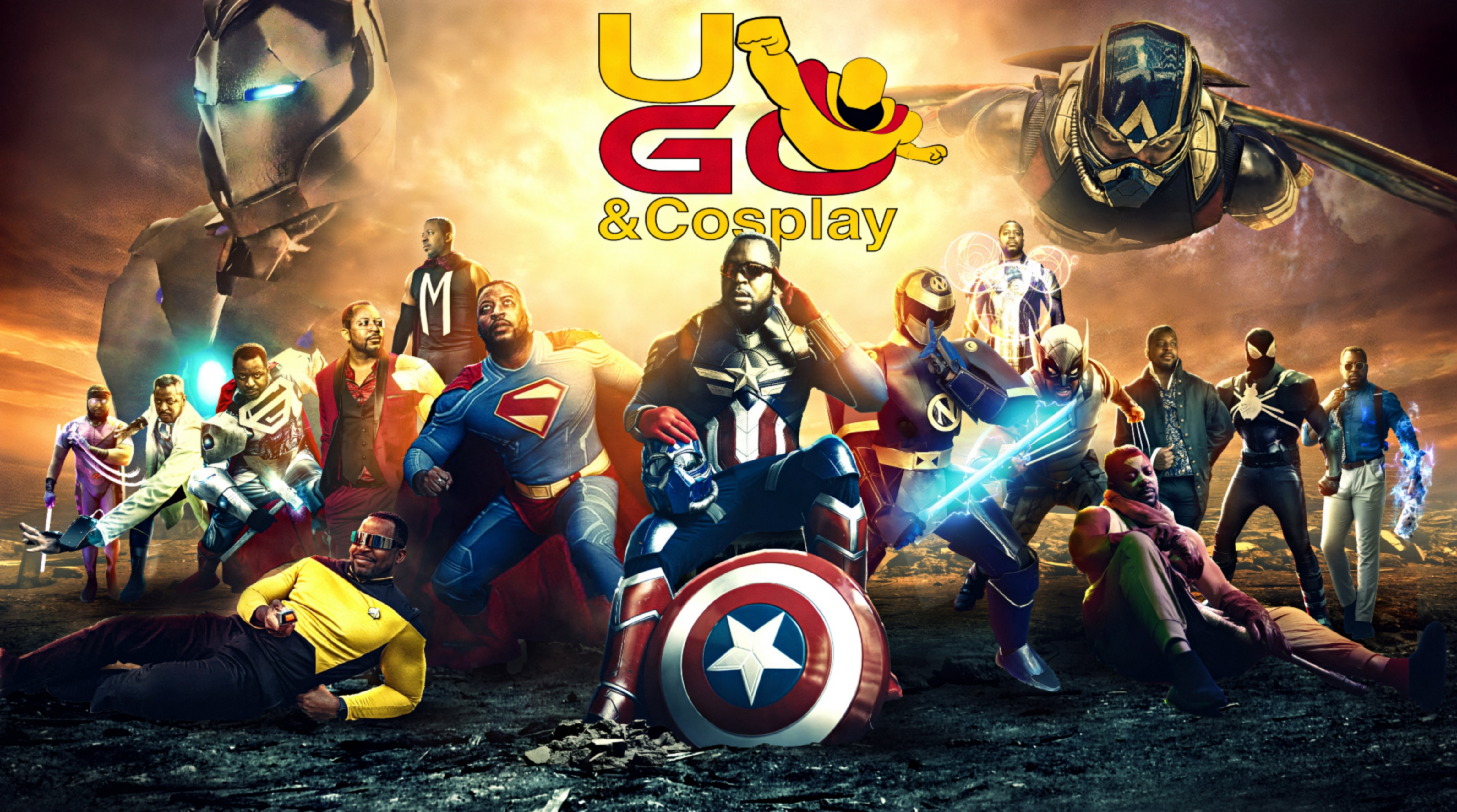 Ugo in multiple signature cosplays including Iron Man, Black Panther, and Mandalorian