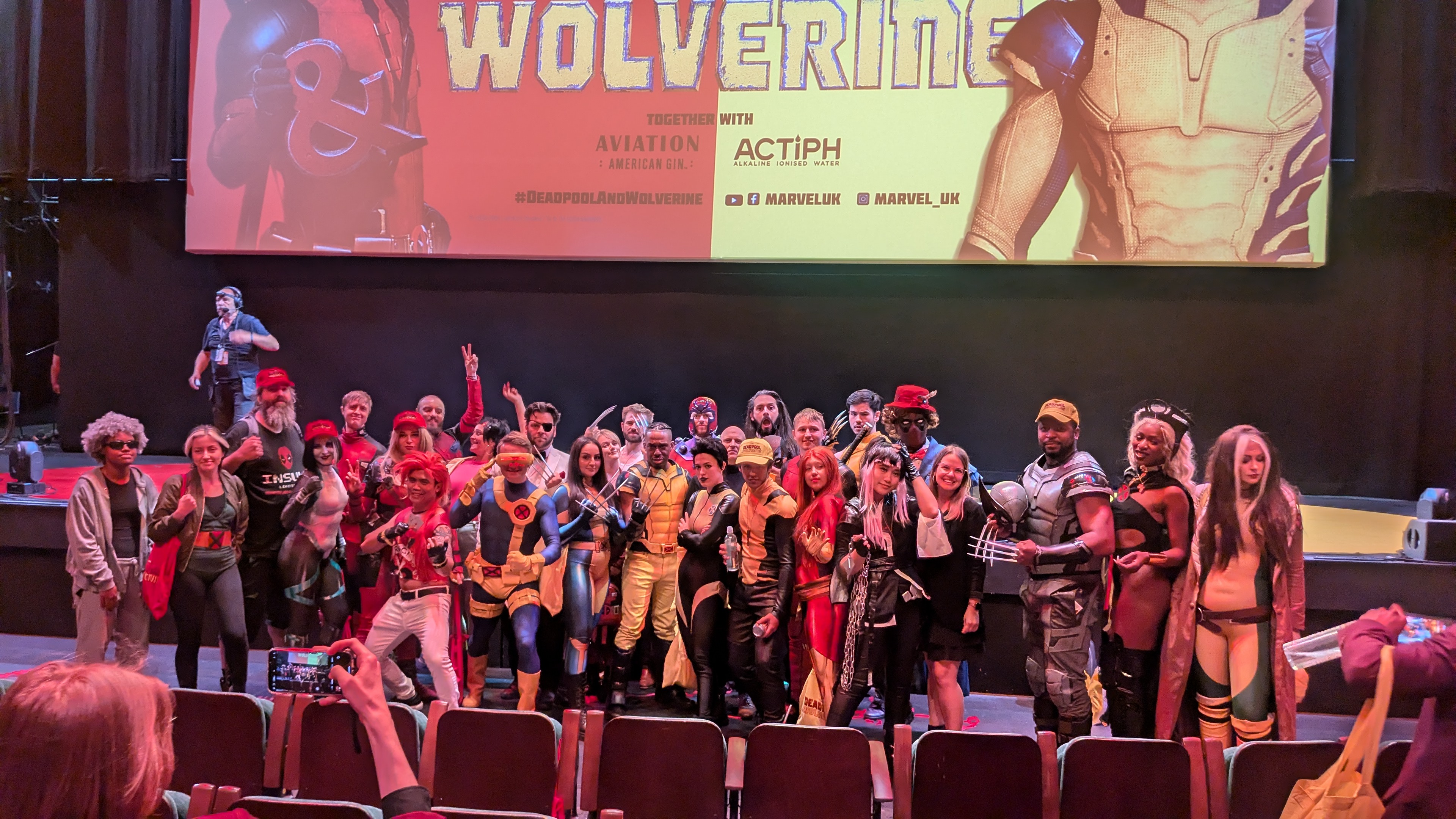 Full cosplay group on stage at Deadpool & Wolverine London premiere